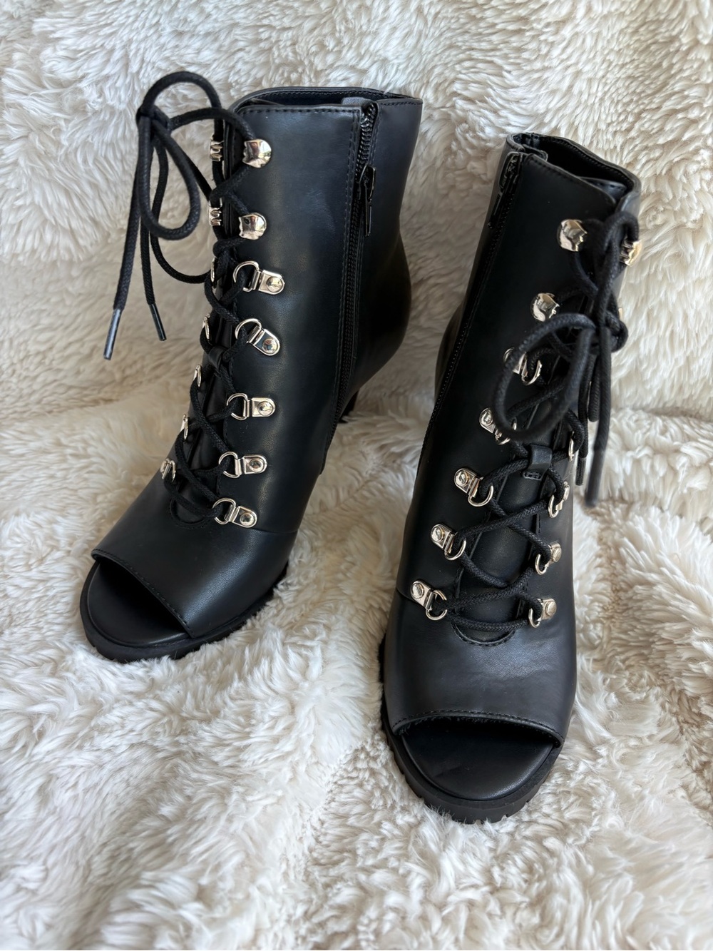 INC International Concepts Black Lace-Up Peep Toe Ankle Boots - Picture 7 of 11